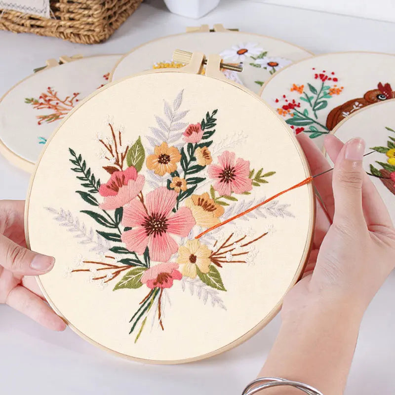 Embroidery Kit for Beginners, Fabric Cross Stitch Kits for Adults, DIY Embroidery Starter Kits with Floral Flower Patterns
