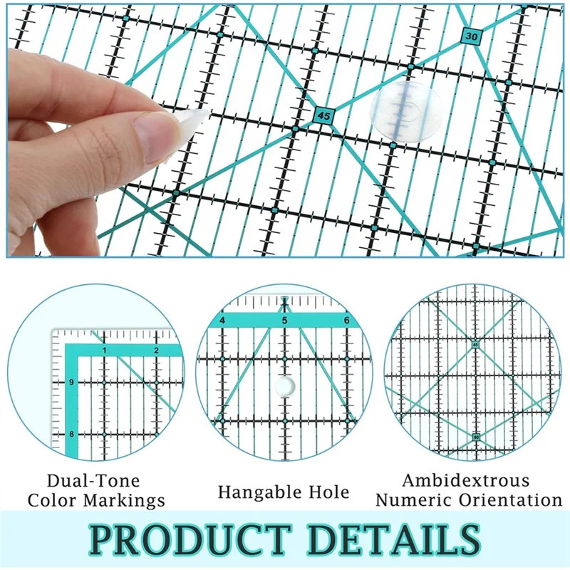 A27F-Non-Slip Ring Equipped 5 Square Quilting Rulers, Acrylic Template Set For Sewing Crafts, Creative Grid Quilt Tools