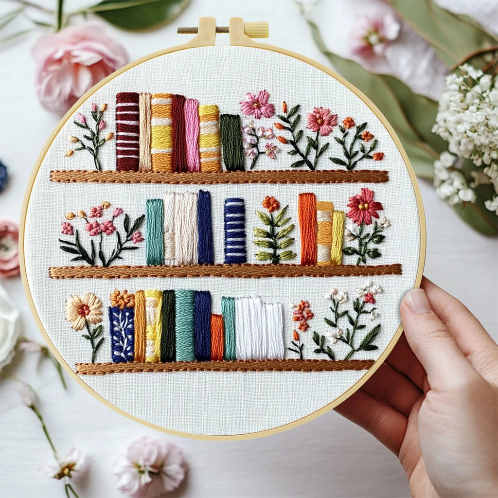1 embroidery kit, 20x20cm/7.9x7.9 inches, bookshelf, handmade DIY embroidery kit, suitable for both adults and beginners, includ