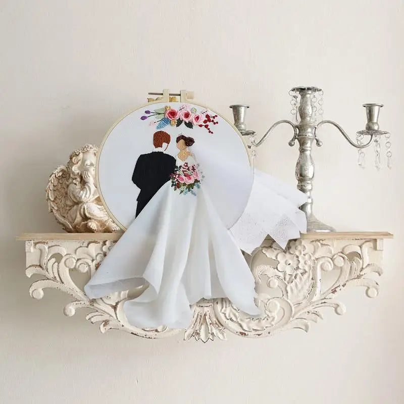 Embroidery Wedding Kit Lovers Punch Needle Set Embroidery Wedding Kit with Hoops and Color Threads for Beginners Adults Lovers