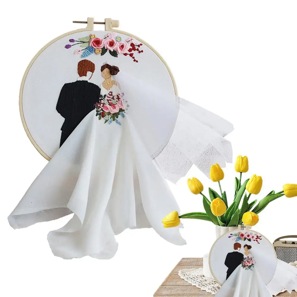 Embroidery Wedding Kit Lovers Punch Needle Set Embroidery Wedding Kit with Hoops and Color Threads for Beginners Adults Lovers