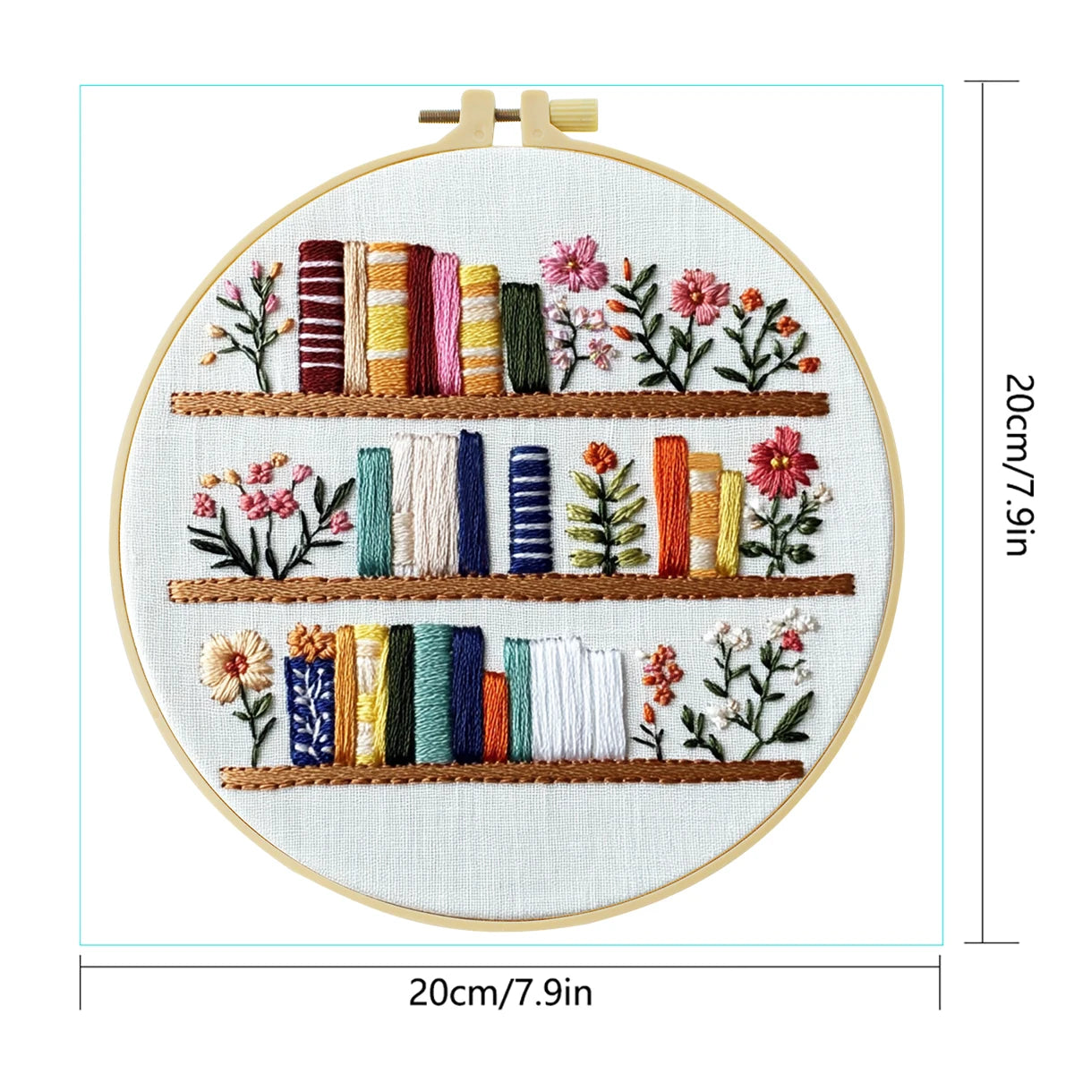 1 embroidery kit, 20x20cm/7.9x7.9 inches, bookshelf, handmade DIY embroidery kit, suitable for both adults and beginners, includ
