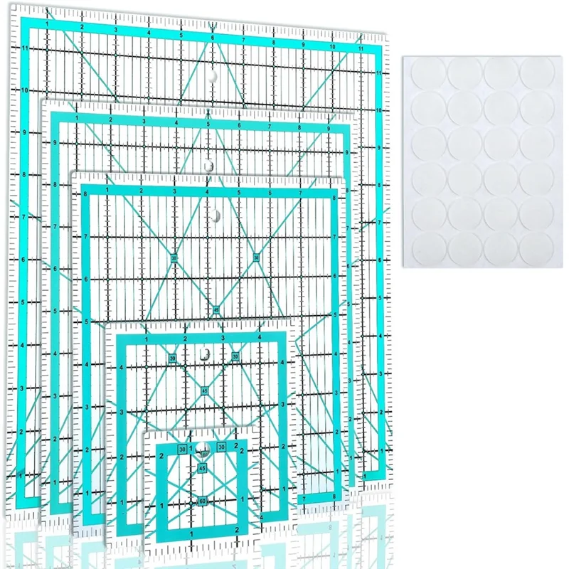 A27F-Non-Slip Ring Equipped 5 Square Quilting Rulers, Acrylic Template Set For Sewing Crafts, Creative Grid Quilt Tools