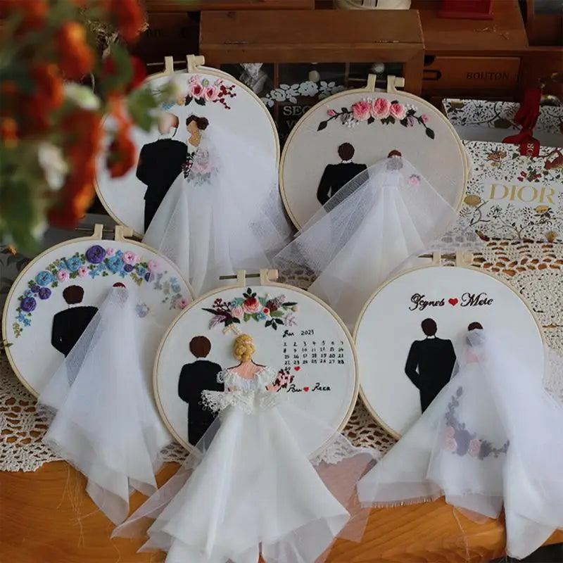 Embroidery Wedding Kit Lovers Punch Needle Set Embroidery Wedding Kit with Hoops and Color Threads for Beginners Adults Lovers