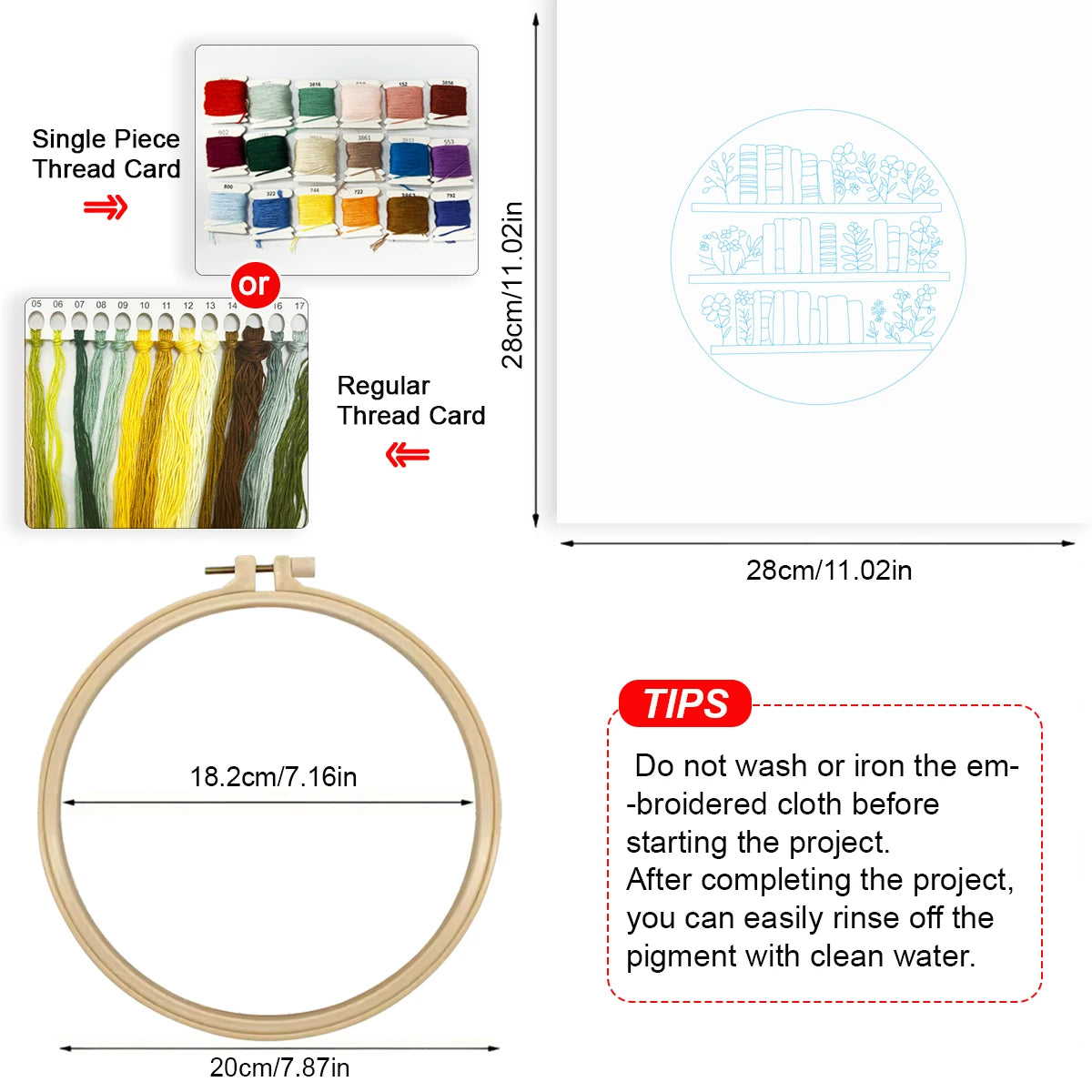 1 embroidery kit, 20x20cm/7.9x7.9 inches, bookshelf, handmade DIY embroidery kit, suitable for both adults and beginners, includ