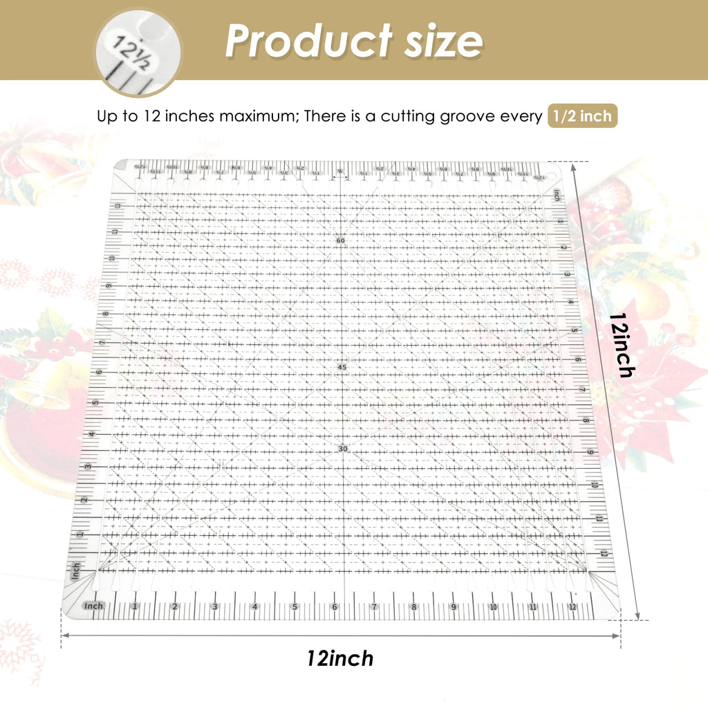 Quilting Ruler 12 x 12 Inches Clear Acrylic Quilting Template Easy to Read Square Fabric Cutting Ruler with Non Slip