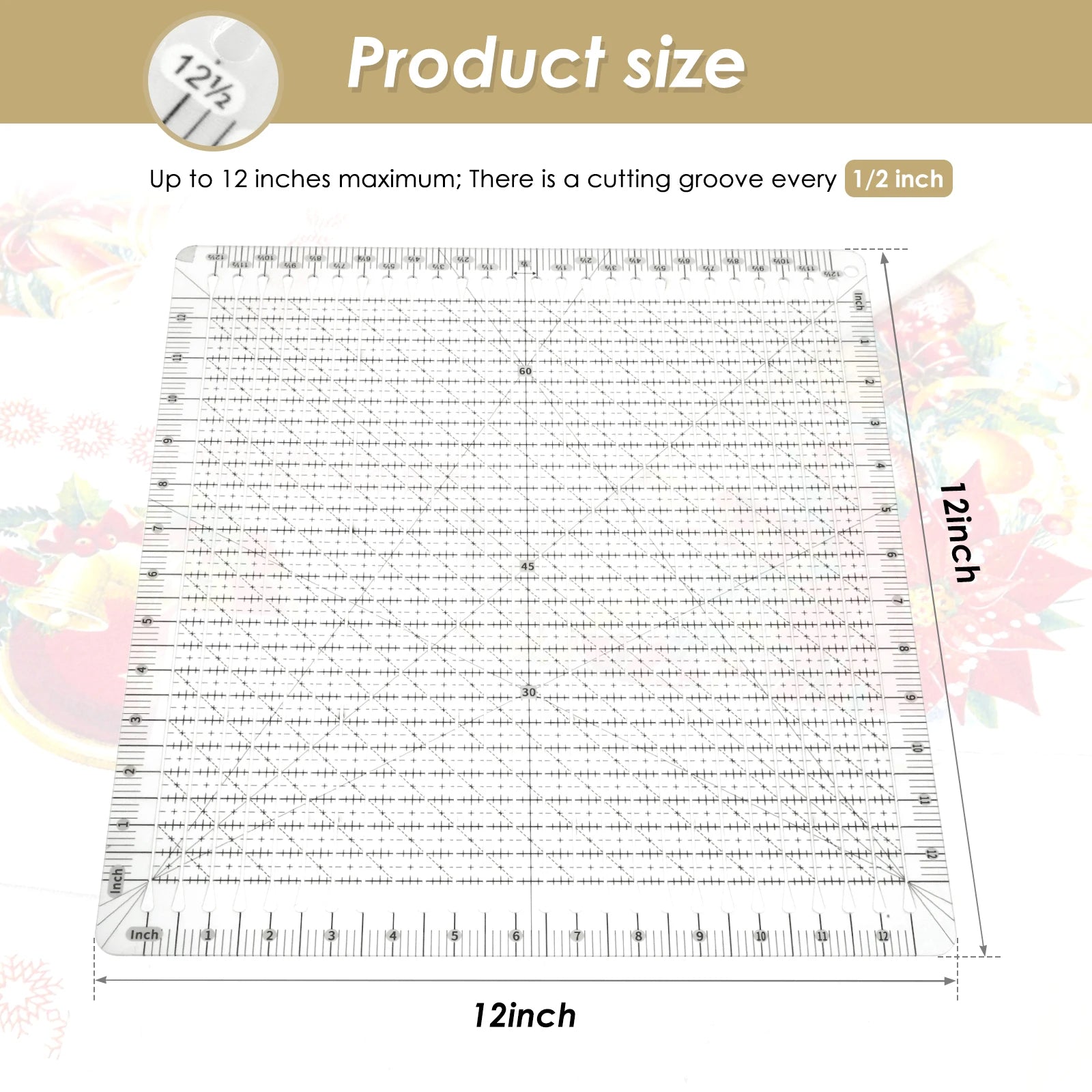 Quilting Ruler 12 x 12 Inches Clear Acrylic Quilting Template Easy to Read Square Fabric Cutting Ruler with Non Slip