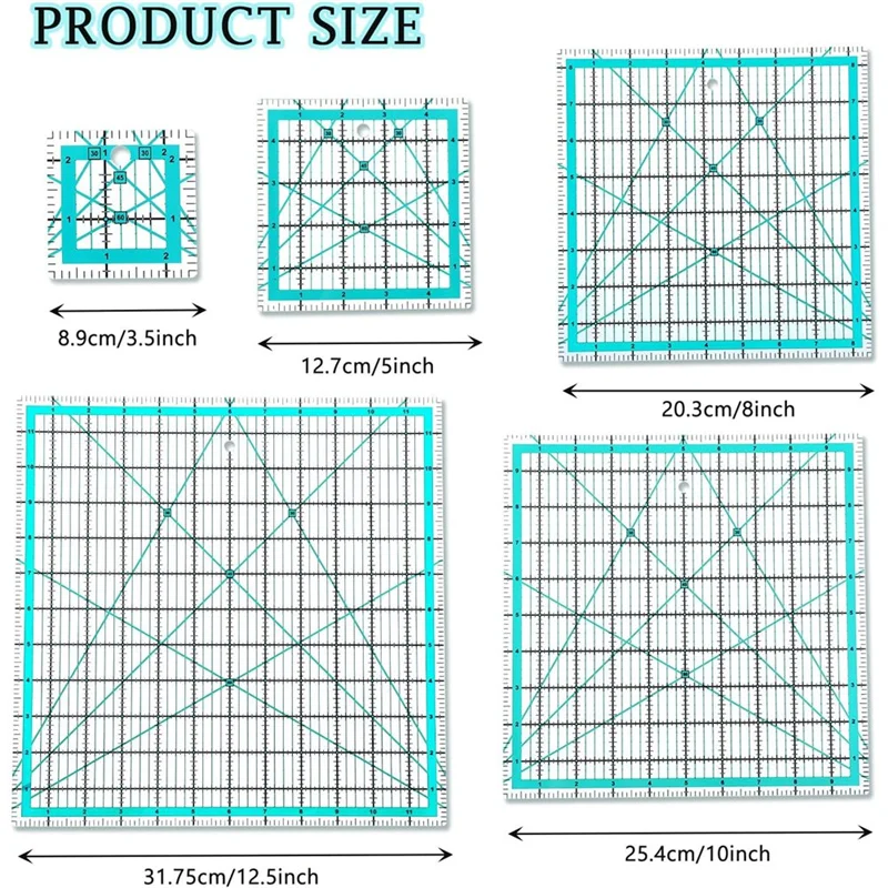 A27F-Non-Slip Ring Equipped 5 Square Quilting Rulers, Acrylic Template Set For Sewing Crafts, Creative Grid Quilt Tools