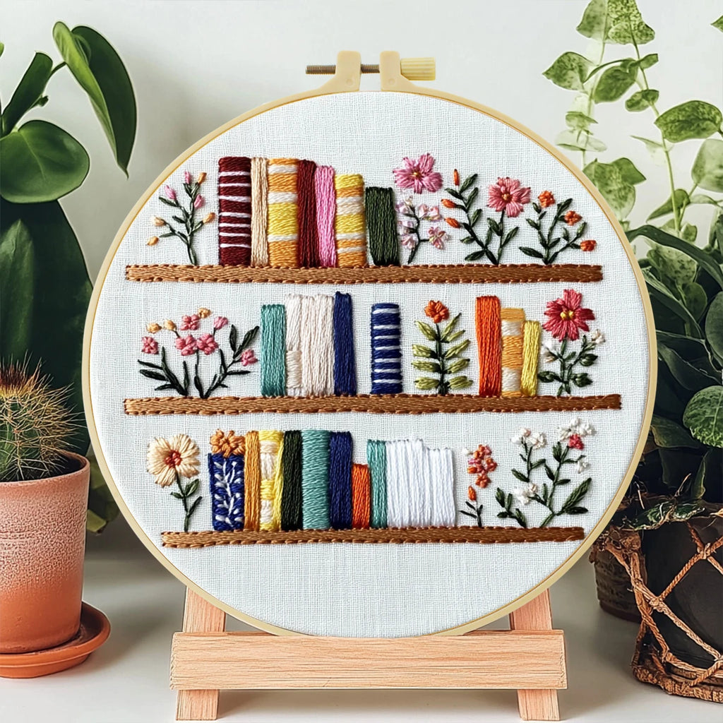 1 embroidery kit, 20x20cm/7.9x7.9 inches, bookshelf, handmade DIY embroidery kit, suitable for both adults and beginners, includ