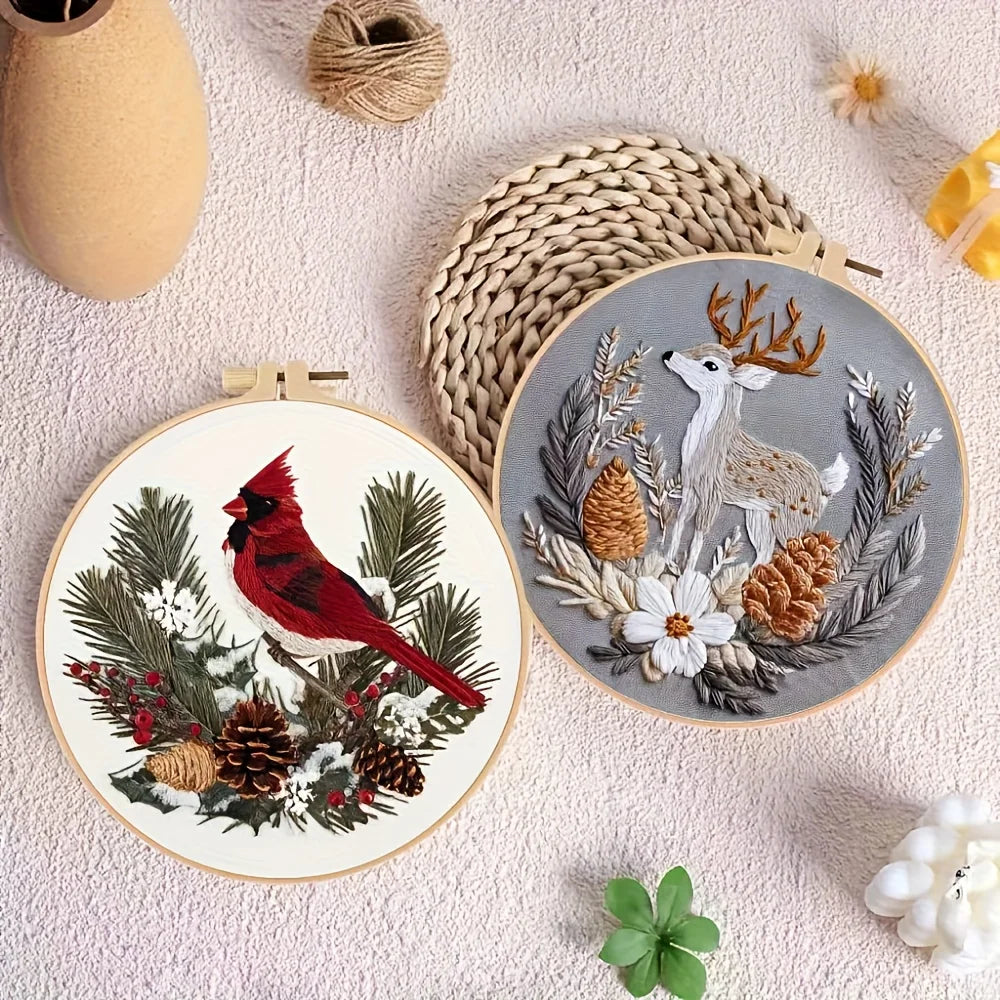 Christmas Reindeer & Magpie Embroidery Kit