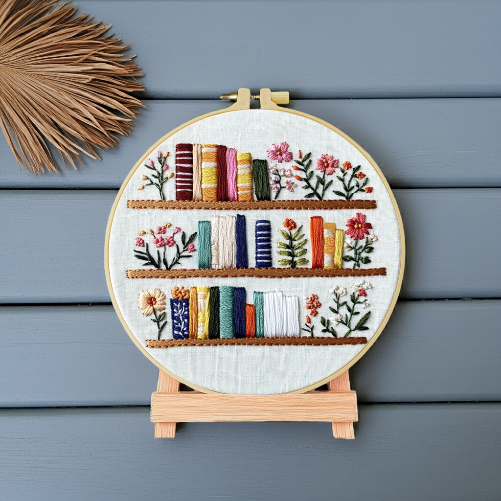 1 embroidery kit, 20x20cm/7.9x7.9 inches, bookshelf, handmade DIY embroidery kit, suitable for both adults and beginners, includ